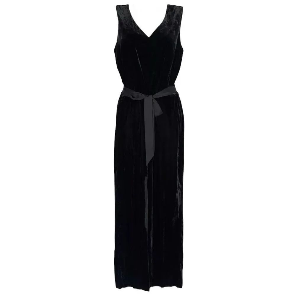 Talbots Velour Black Jumpsuit Size 8 Back Bow Waist Tie Sash NEW